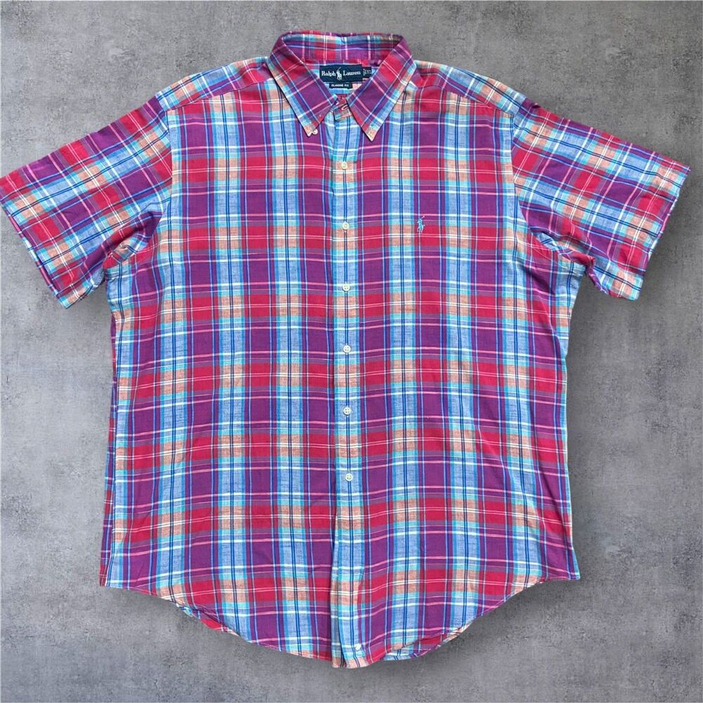 Polo Ralph Lauren Classic Vintage 80s Plaid Purple Button Down Shirt Men's XL